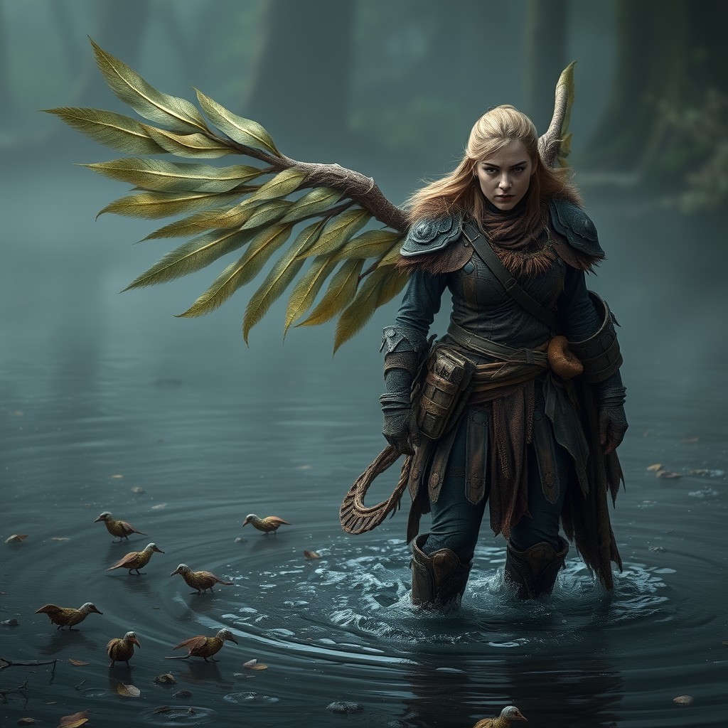 A full body shot of a female human Krsnik in the Gloaming Mire, wading through shallow dark water or standing on damp earth with a serious and vigilant expression