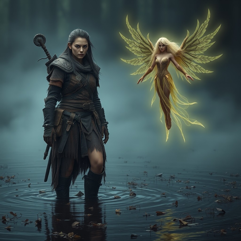 A full body shot of a female human Krsnik in the Gloaming Mire, wading through shallow dark water or standing on damp earth