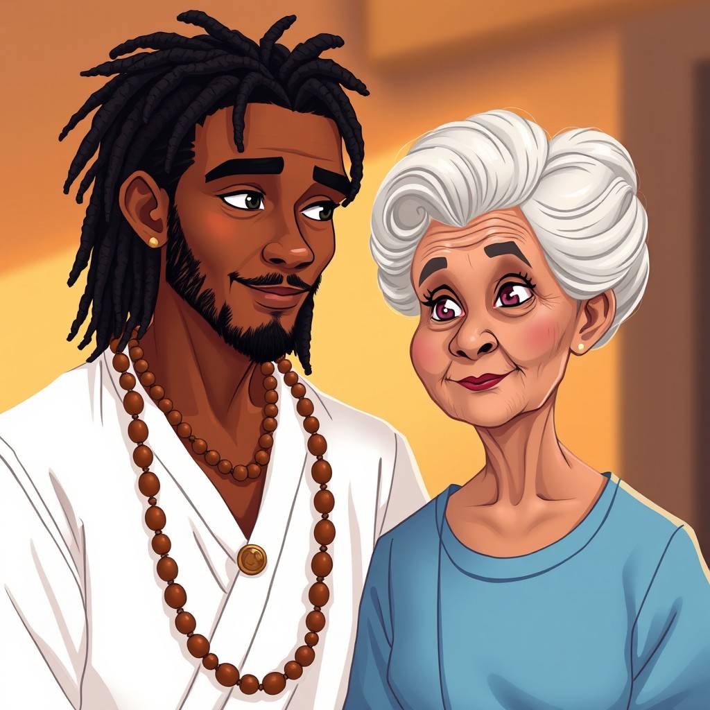 An illustration of a man with dreadlocks, dressed in white attire and adorned with wooden necklaces, standing alongside a petite elderly lady with gray hair styled in a bun, dressed in a blue outfit