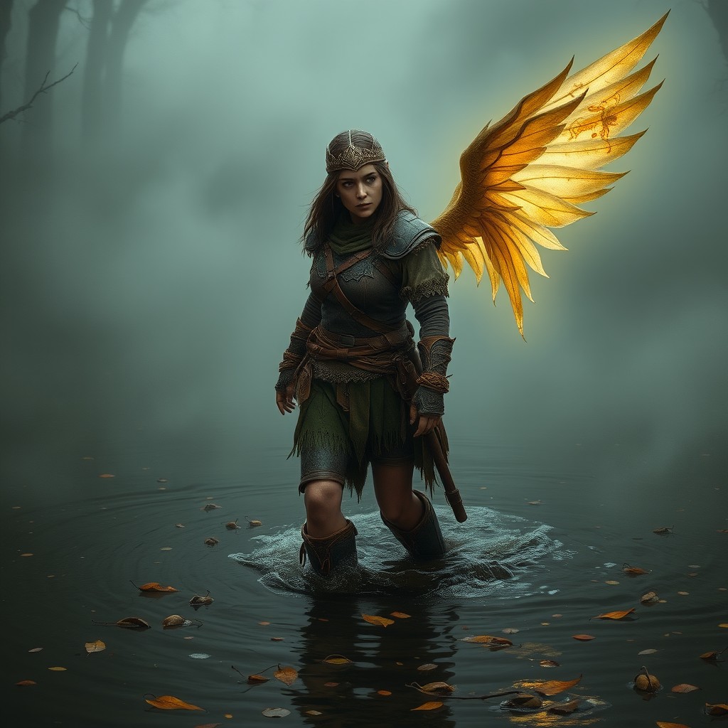A full body shot of a female human Krsnik in the Gloaming Mire, navigating through shallow dark water or standing on damp earth