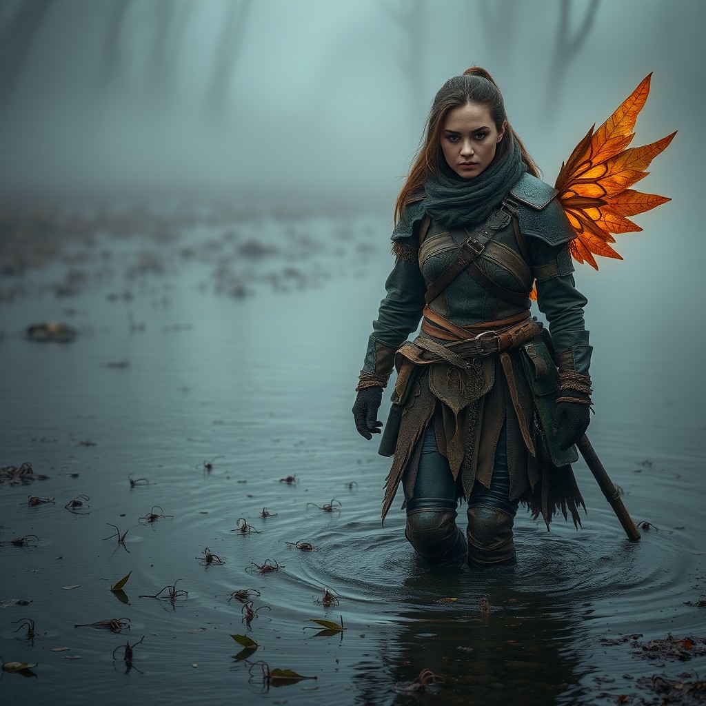 A full body shot of a female human Krsnik in the Gloaming Mire, wading through shallow dark water or standing on damp earth
