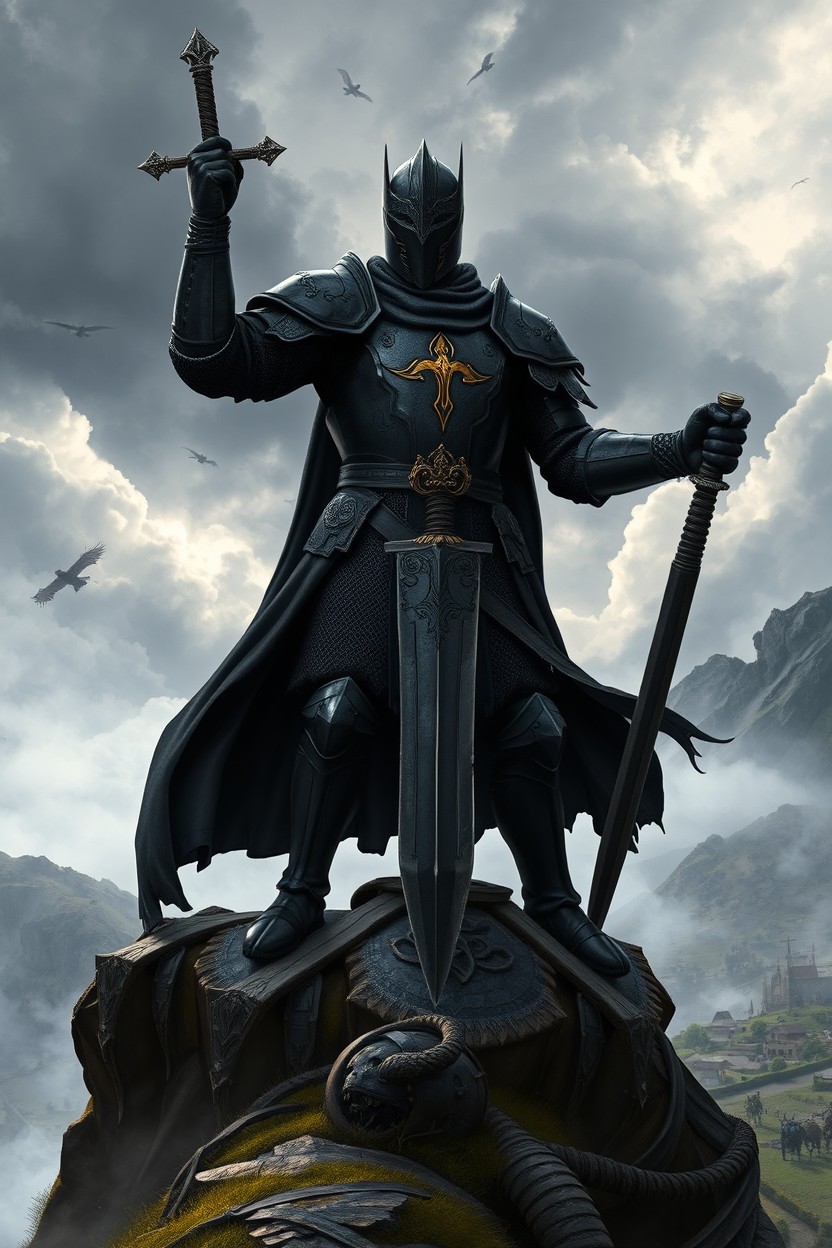 A dynamic medieval adventure scene featuring a fierce black knight standing heroically on a ridge overlooking a foggy valley