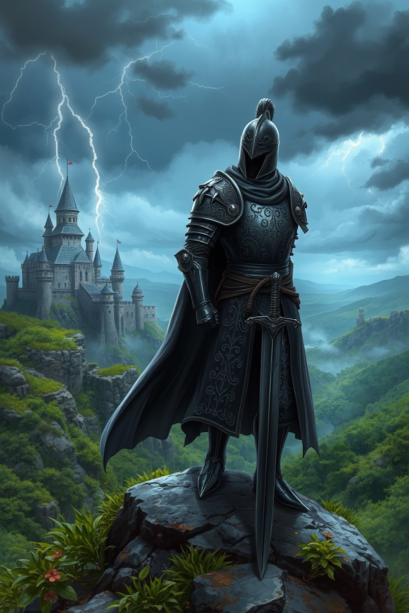 A dramatic and striking illustration of a black knight in a medieval fantasy setting