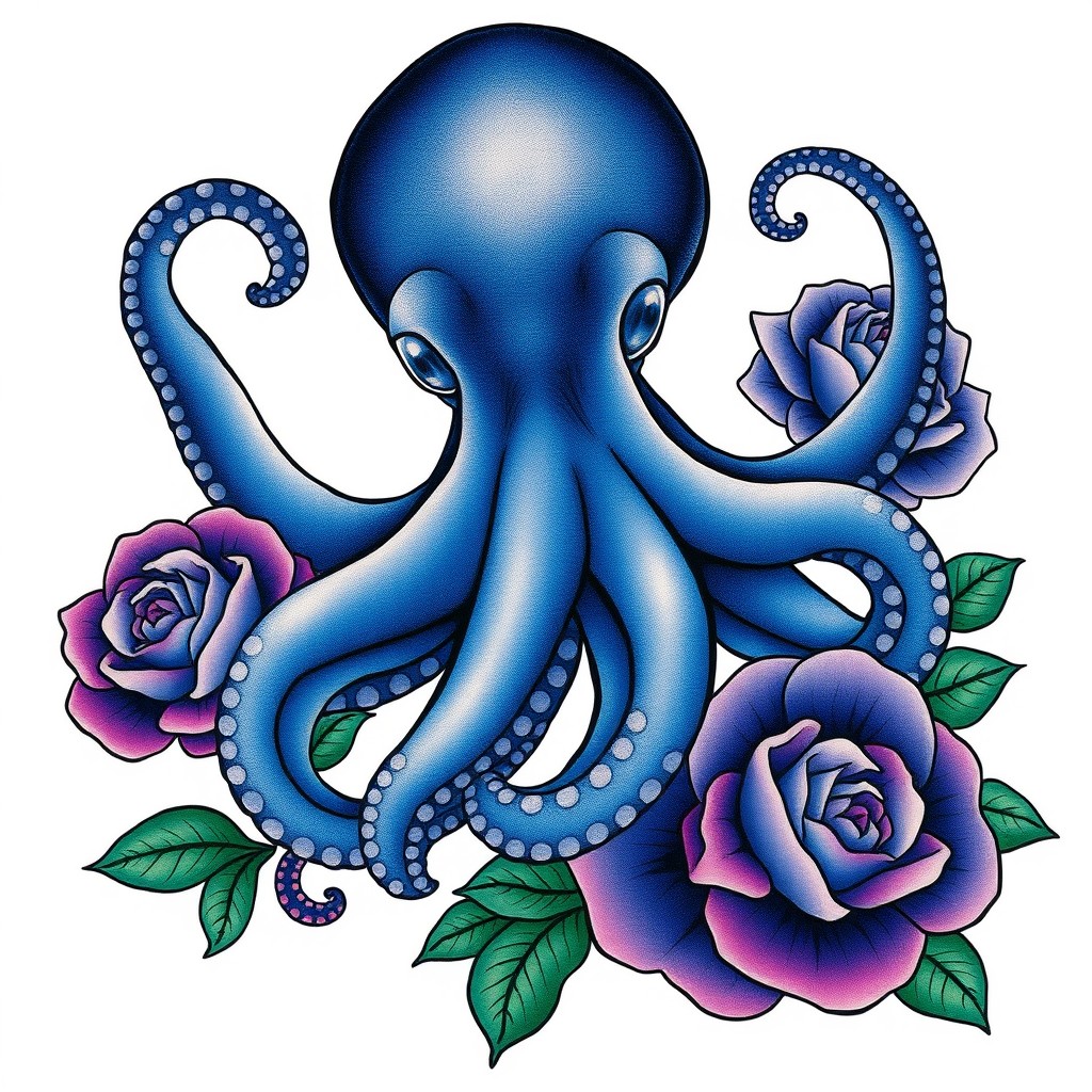 A stunning tattoo design featuring an octopus in a dark blue ombré style, showcasing intricate Japanese tattoo motifs