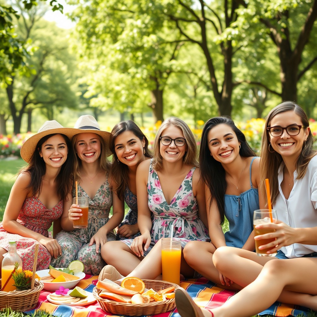A group of diverse friends smiling and enjoying a sunny day at a park picnic, with everyone seated on a colorful blanket surrounded by delicious food and drinks