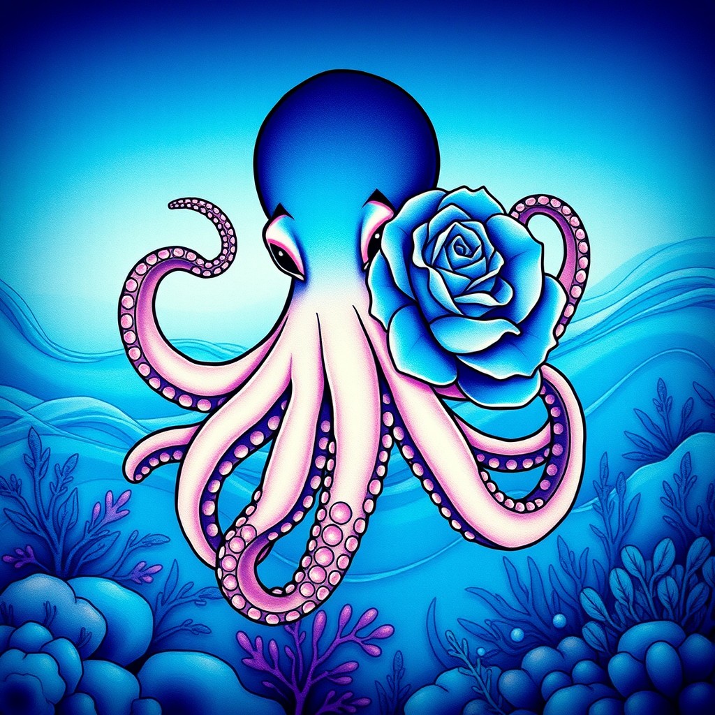 An octopus designed in a tattoo style, featuring a beautiful ombré effect transitioning from dark blue at the top to light blue at the bottom