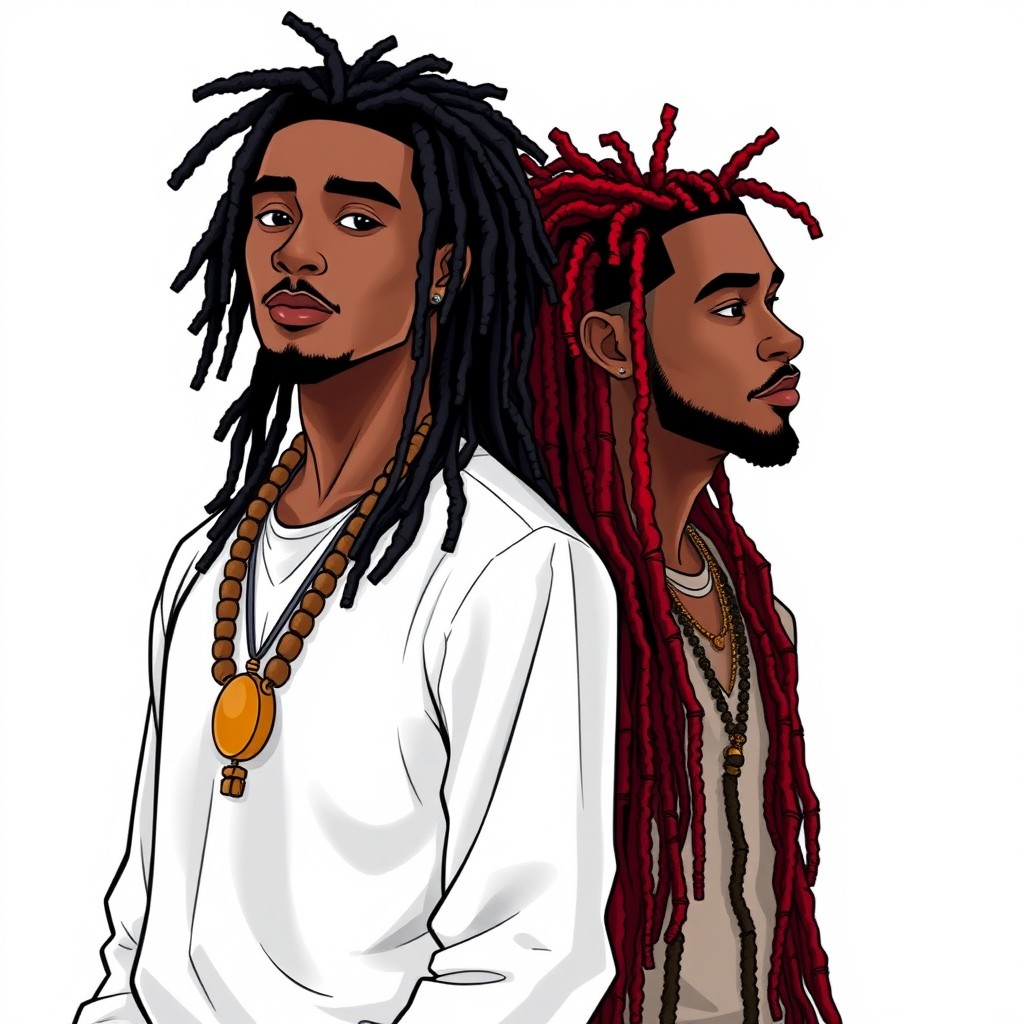 An illustration of a man with black dreadlocks, dressed in white attire and adorned with wooden necklaces, standing next to another man with red dreadlocks styled up