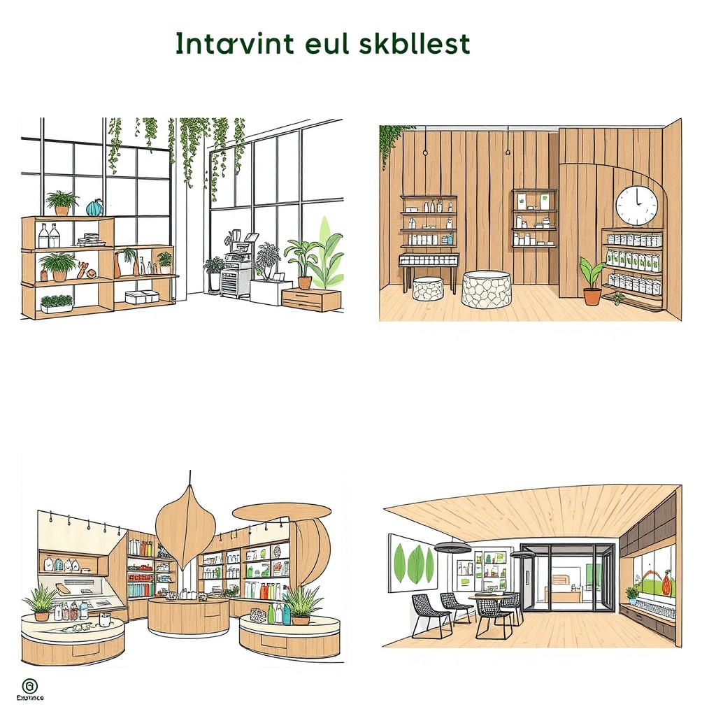 Three unique sketches of an ecological products store, each applying the law of closure creatively
