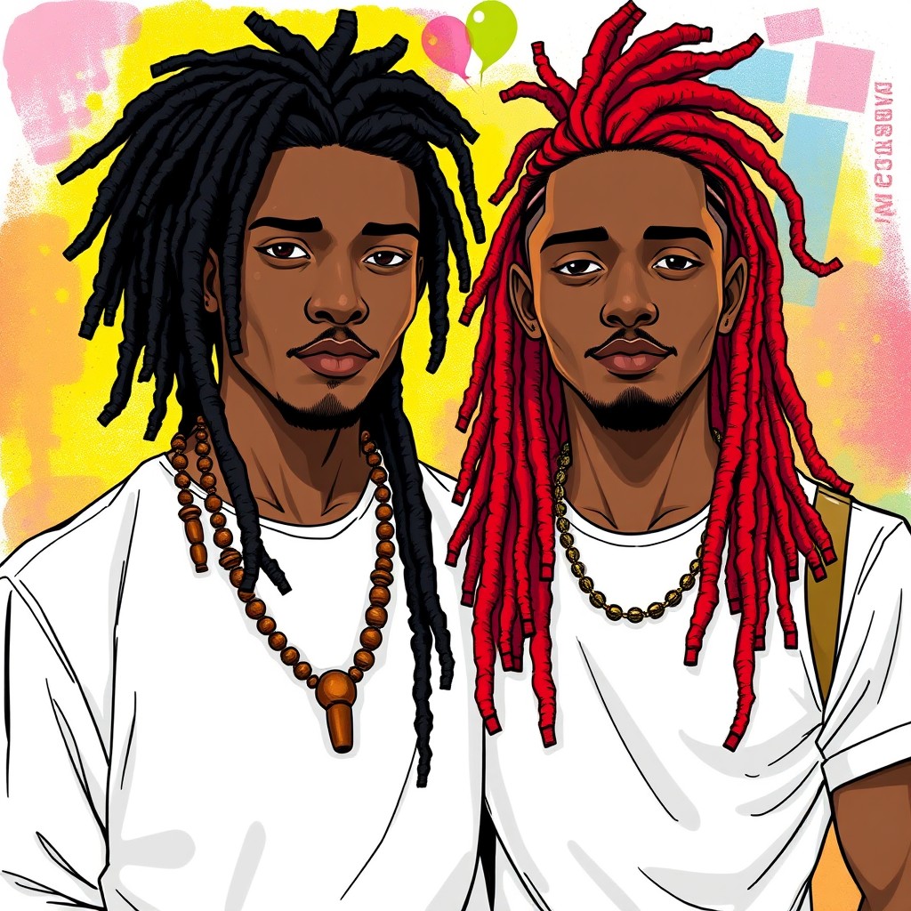 An illustration of a man with black dreadlocks, dressed in white attire and adorned with wooden necklaces, standing next to another man with red dreadlocks styled up