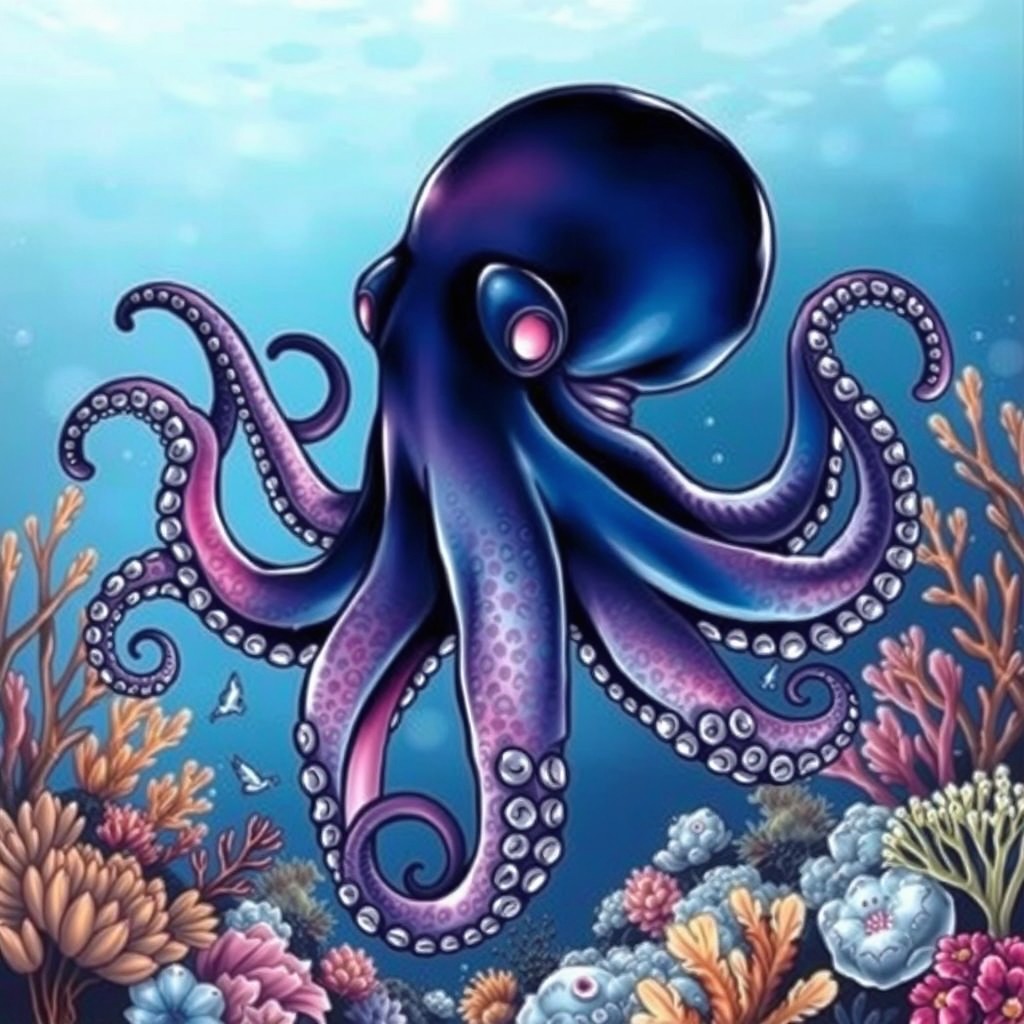 A realistic octopus transitioning from dark blue to light blue, designed in a Japanese tattoo style