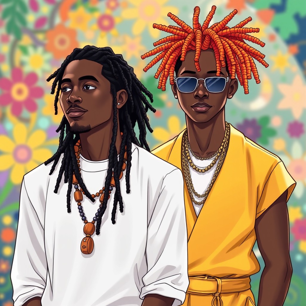 An illustration of a man with black dreadlocks, dressed in white clothing and wearing wooden necklaces, standing next to another man with bright orange dreadlocks styled up, dressed in gold attire