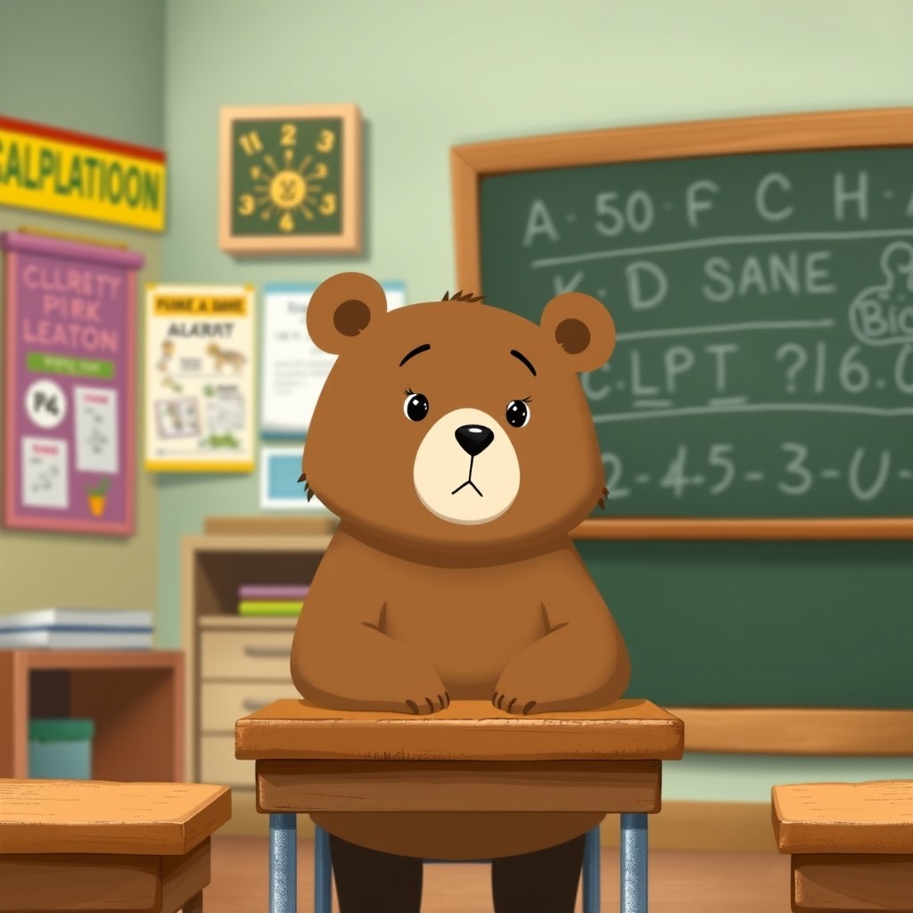 A cute brown bear sitting in a classroom, attentively listening to a lesson with a very serious expression
