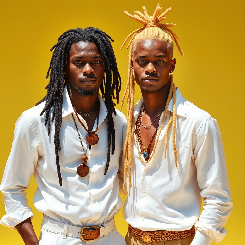 A scene featuring two men standing together