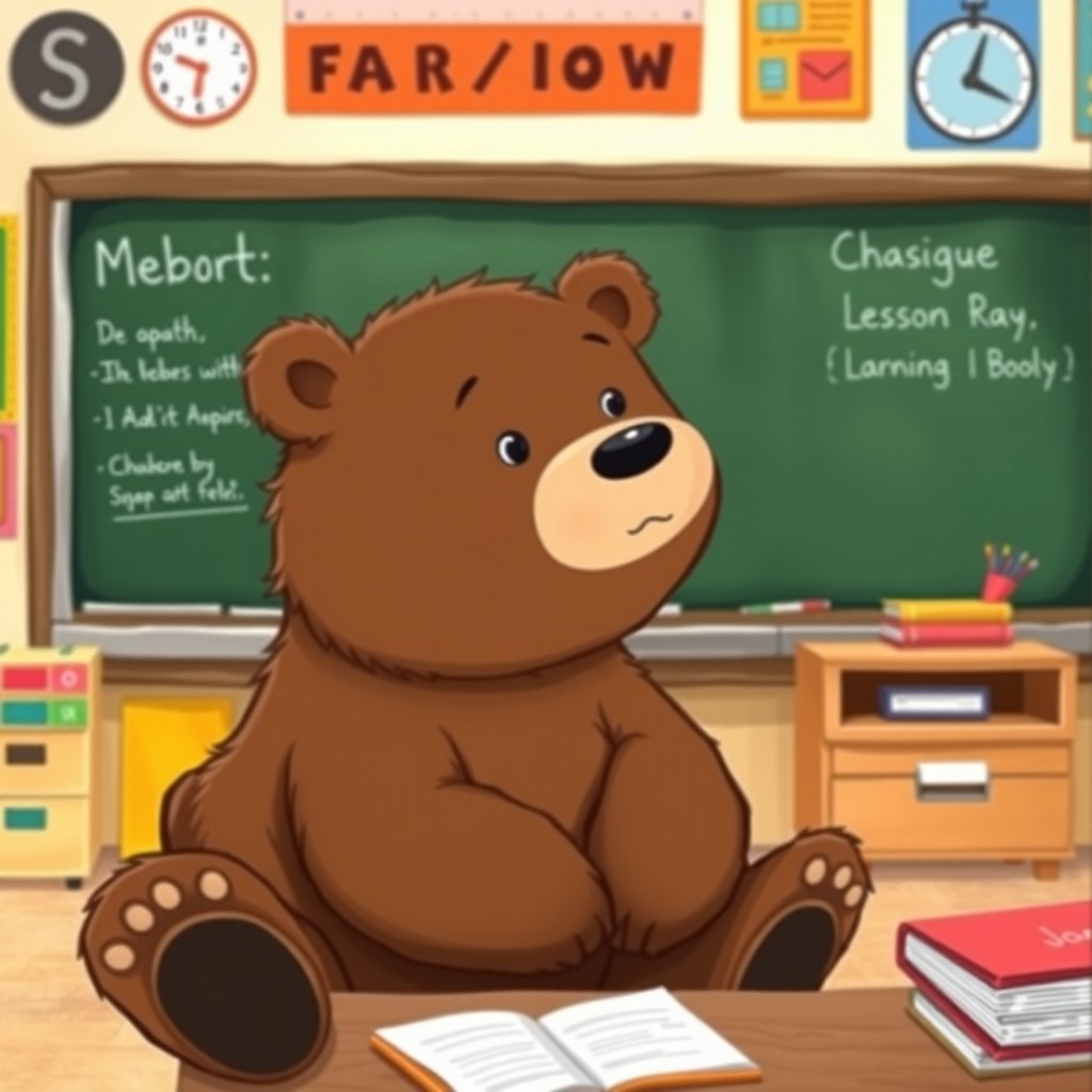 A cute brown bear sitting in a classroom, intently looking at a blackboard while listening to a lesson