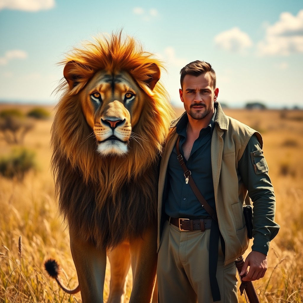 A majestic lion standing proudly next to a confident man, both radiating strength and charisma