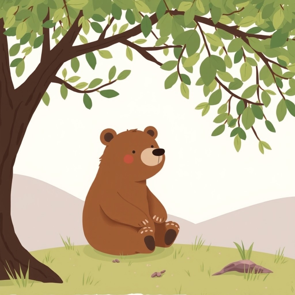 A cute brown bear sitting quietly under a tree, looking peaceful and content