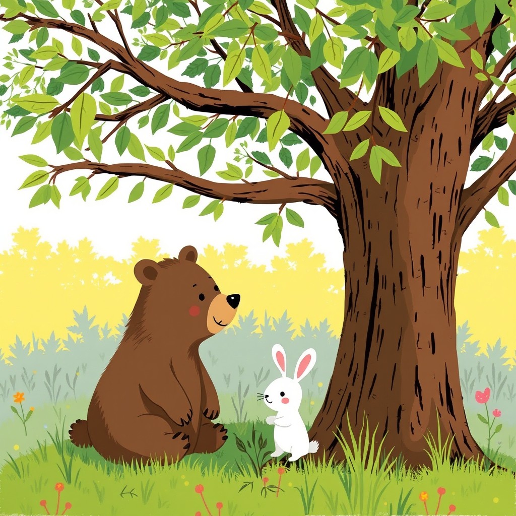 A cute brown bear chatting with a small white rabbit under a tree, both appearing friendly and engaged in conversation