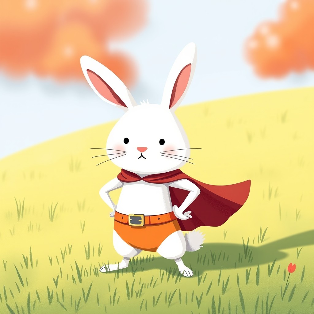 A small white rabbit wearing a superhero costume, standing proudly on a grassy field
