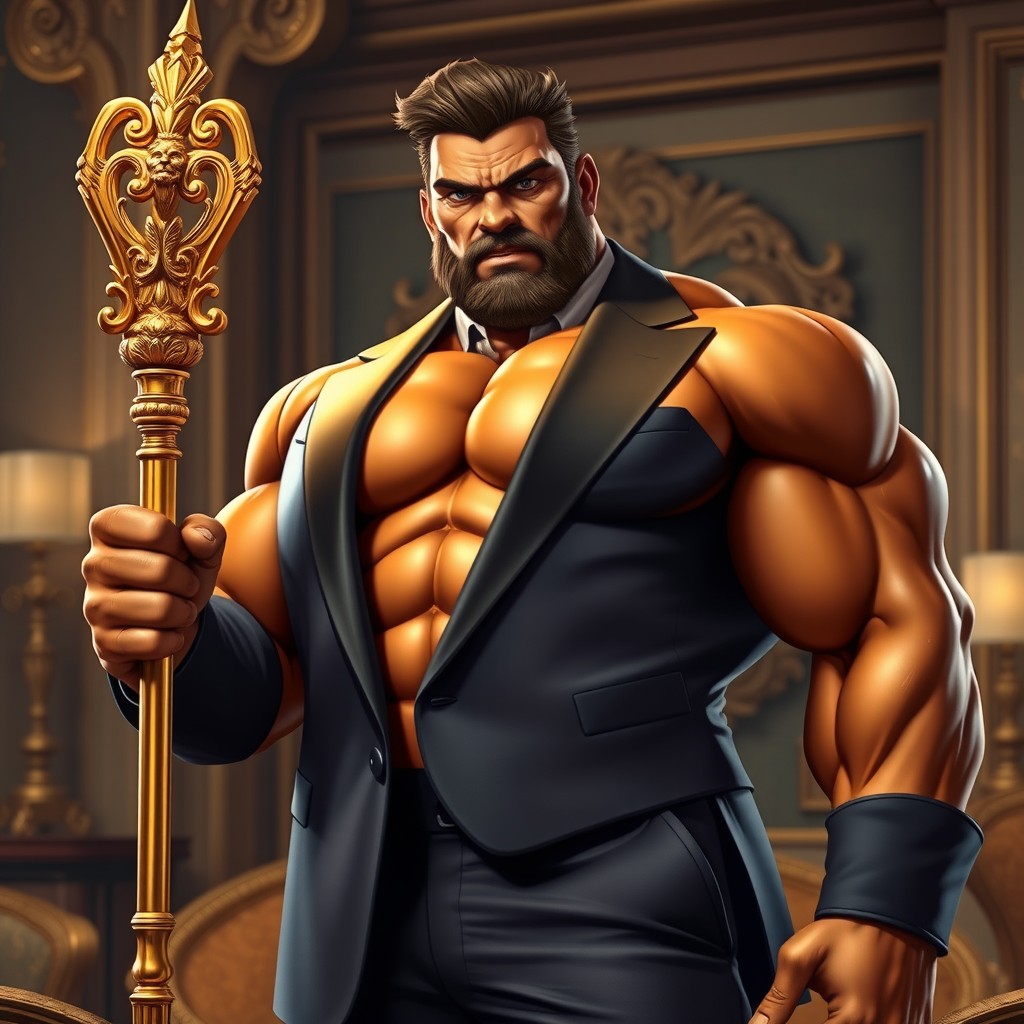 A powerful, muscular boss figure with a bronzed complexion, exuding strength and authority