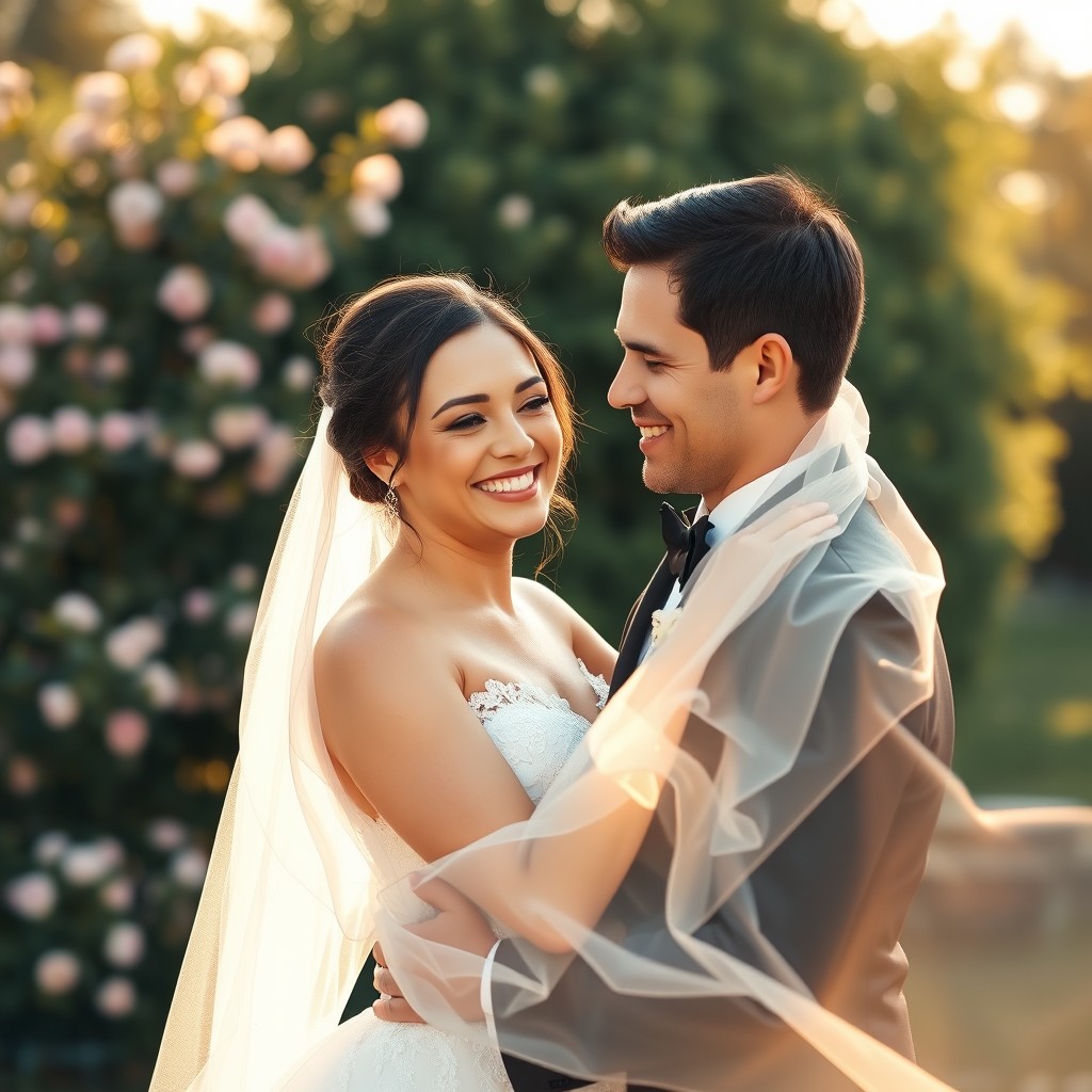 A romantic scene depicting a happy married couple embracing each other in a beautiful outdoor setting