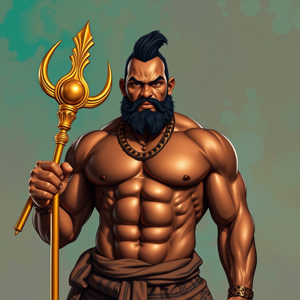 A powerful Antillean boss figure with a bronzed complexion and a muscular build, exuding charisma and authority