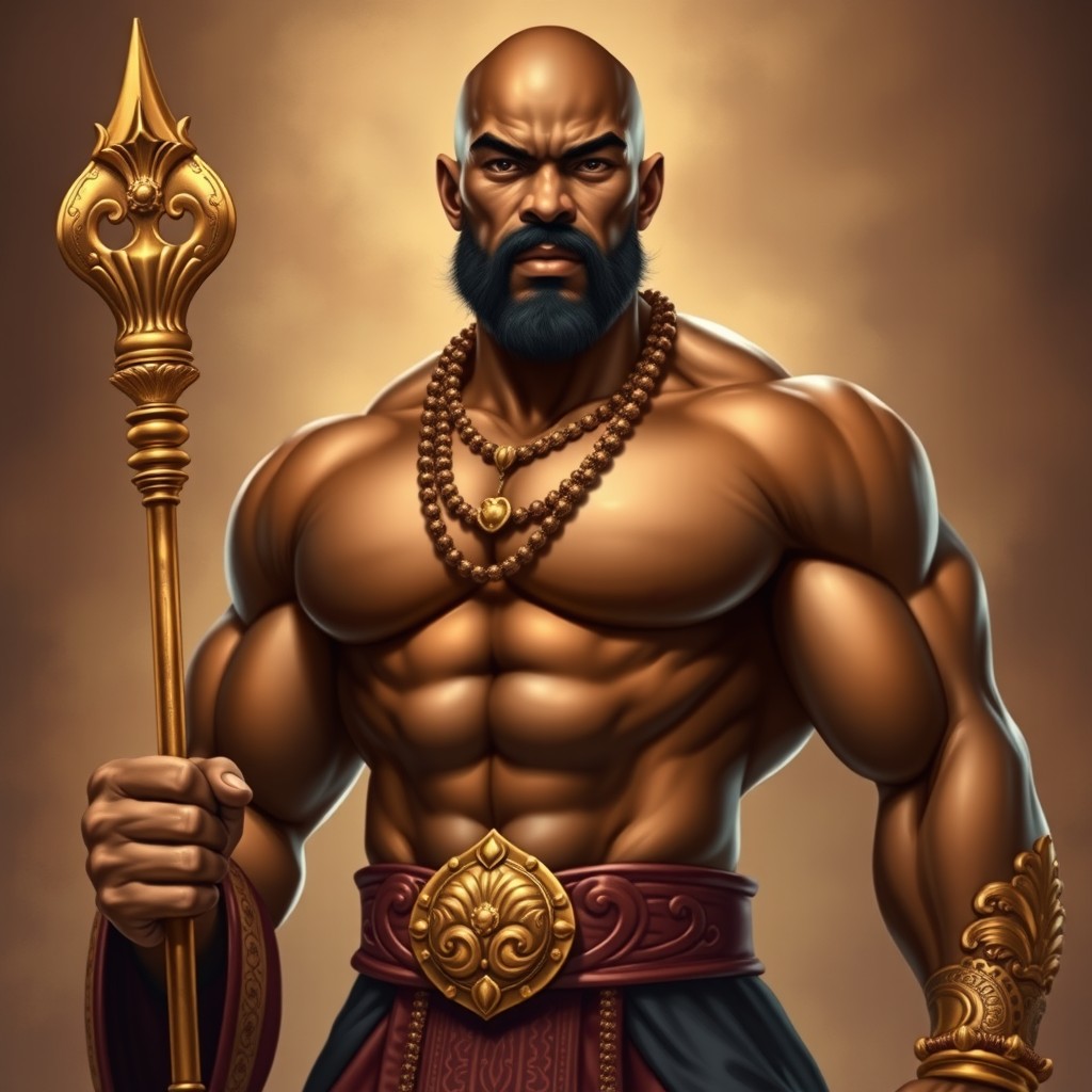 A powerful, bald Creole boss figure with a bronzed complexion and a muscular build, radiating authority and confidence