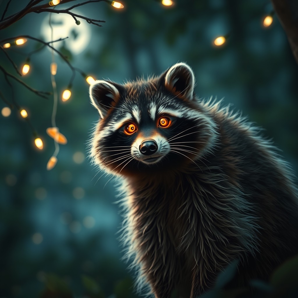 Enchanting Nighttime Creatures: Raccoons & Hybrids in Mystical Landscapes