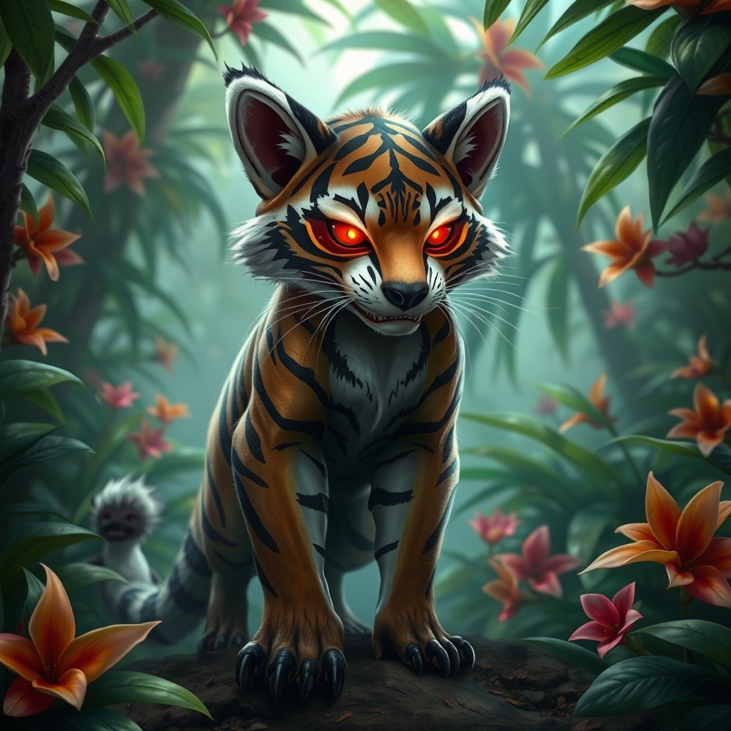 A striking hybrid creature, combining features of a tiger and a raccoon, standing proudly in a lush jungle environment
