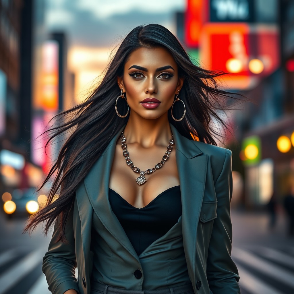 A visually stunning portrait of a confident and stylish woman standing in a vibrant city setting at dusk, wearing a fashionable outfit that highlights her personality