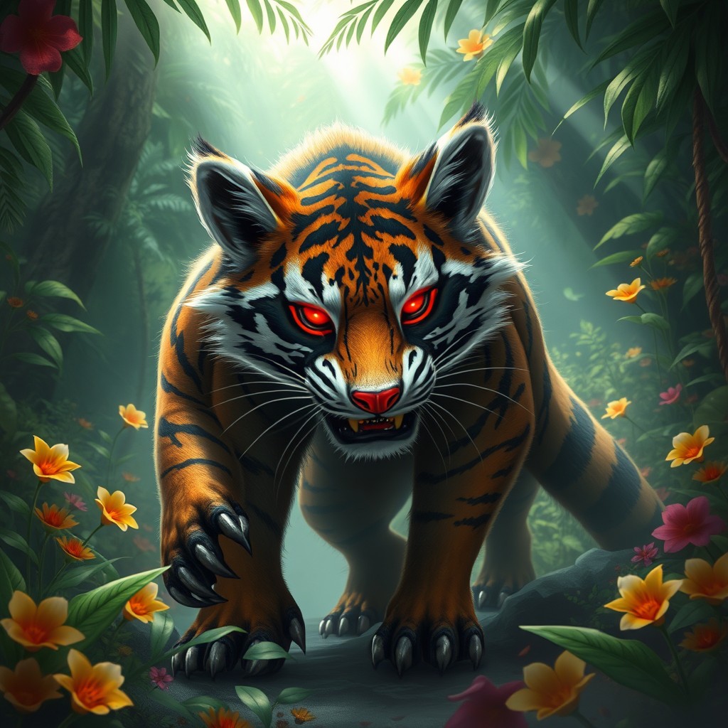 A fantastical creature that is a hybrid between a tiger and a raccoon, featuring striking red glowing eyes