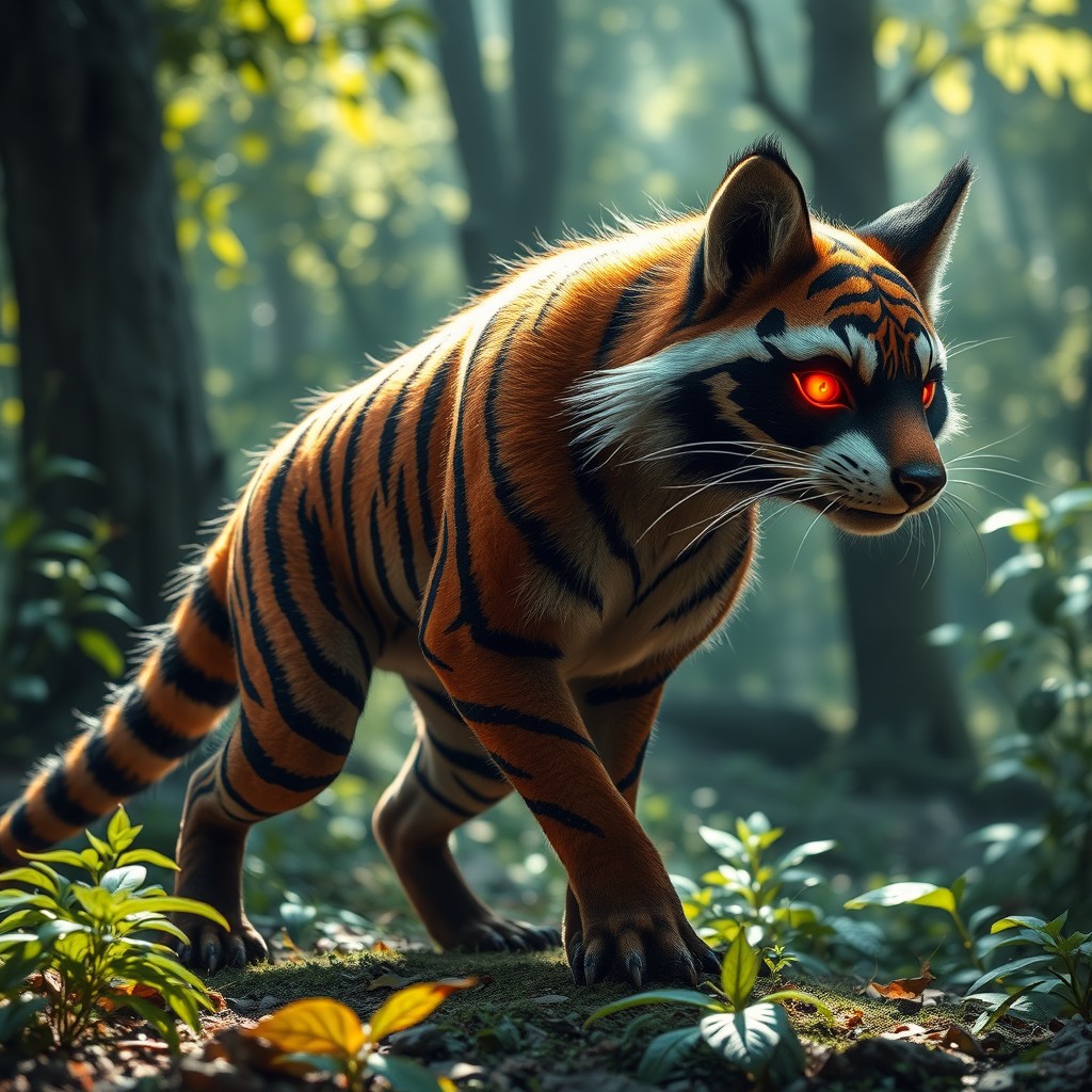 A striking and imaginative creature that combines features of a tiger and a raccoon, showcasing vibrant orange and black stripes alongside the characteristic facial markings of a raccoon