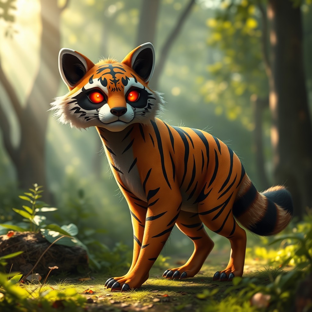 An imaginative creature that is a hybrid of a tiger and a raccoon, featuring striking red glowing eyes that capture attention