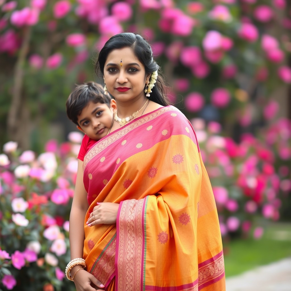 An Indian woman elegantly dressed in a beautiful saree, rich in vibrant colors and intricate patterns, standing gracefully with a serene expression