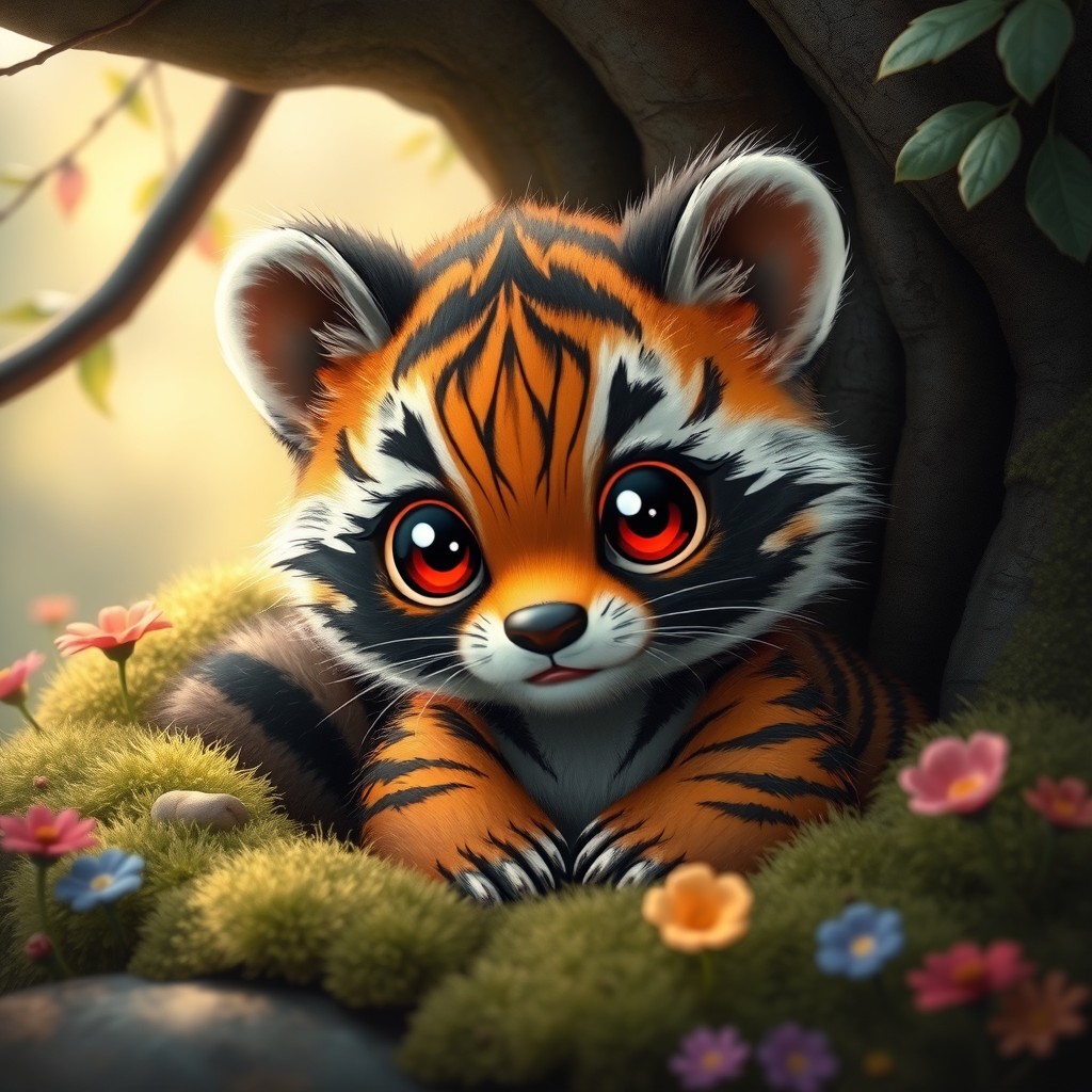 A charming and whimsical baby creature that is a hybrid of a tiger and a raccoon, featuring adorable oversized red glowing eyes