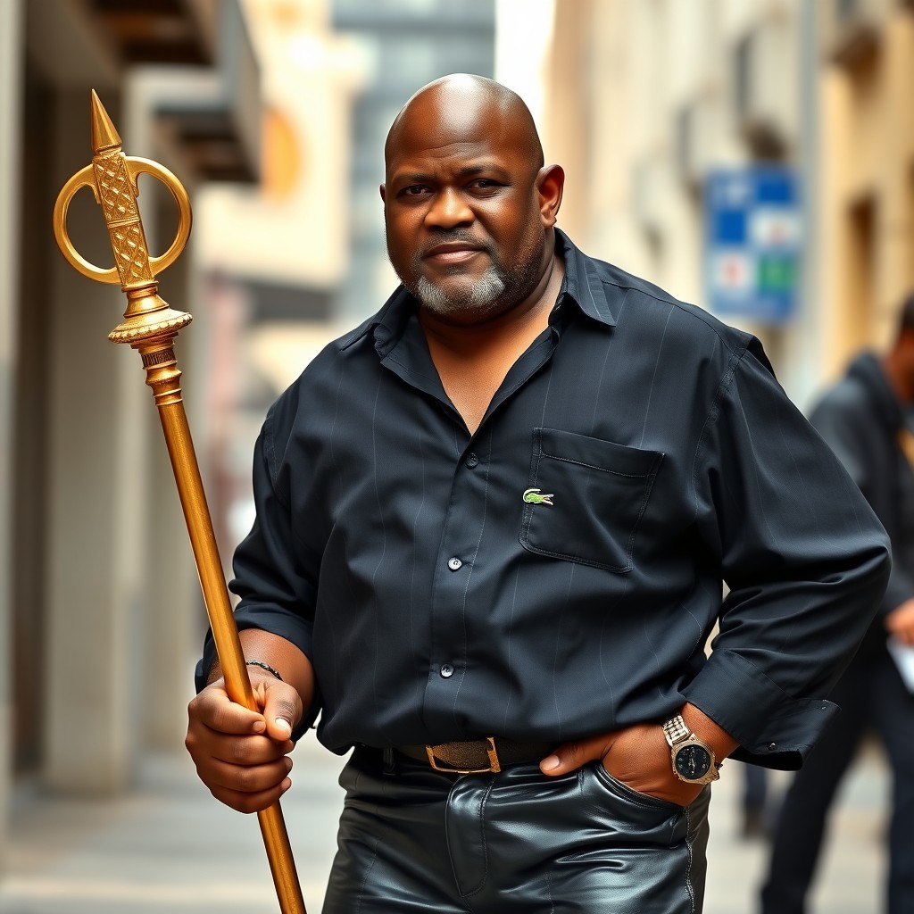 A small, commanding bald Creole boss figure with a bronzed complexion and a robust stature