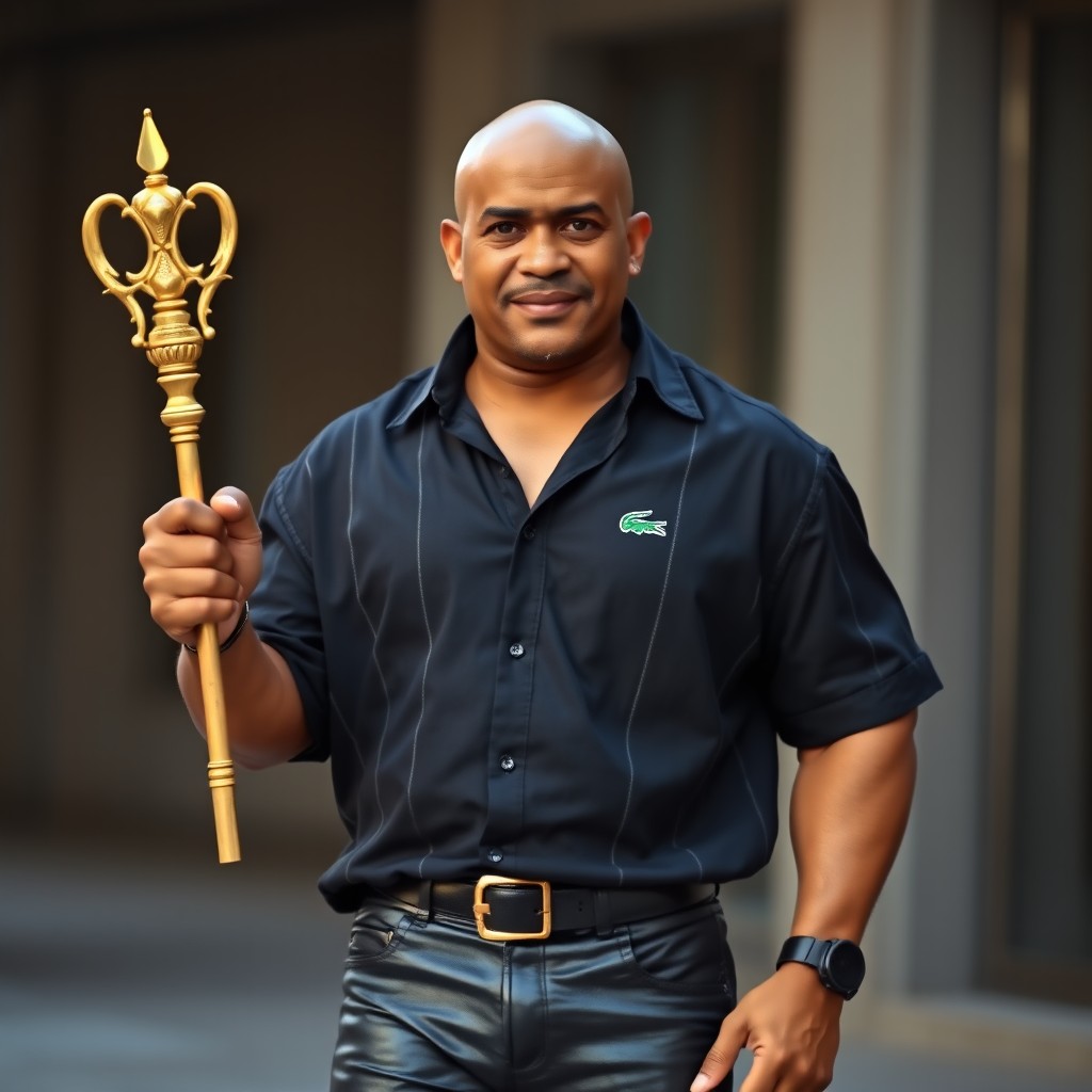 A small yet authoritative bald Creole boss with a bronzed complexion, presenting a robust and confident appearance