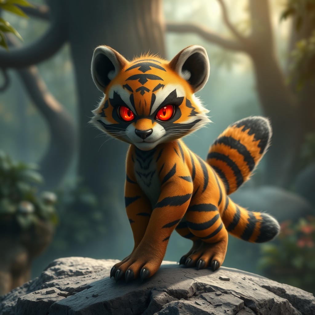 A fierce-looking baby hybrid creature that combines features of a tiger and a raccoon, exhibiting a unique blend of adorable and ferocious traits