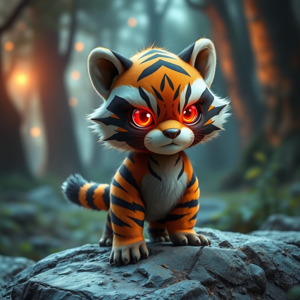 A fierce baby hybrid creature that combines the features of a tiger and a raccoon, showcasing an adorable yet intense expression