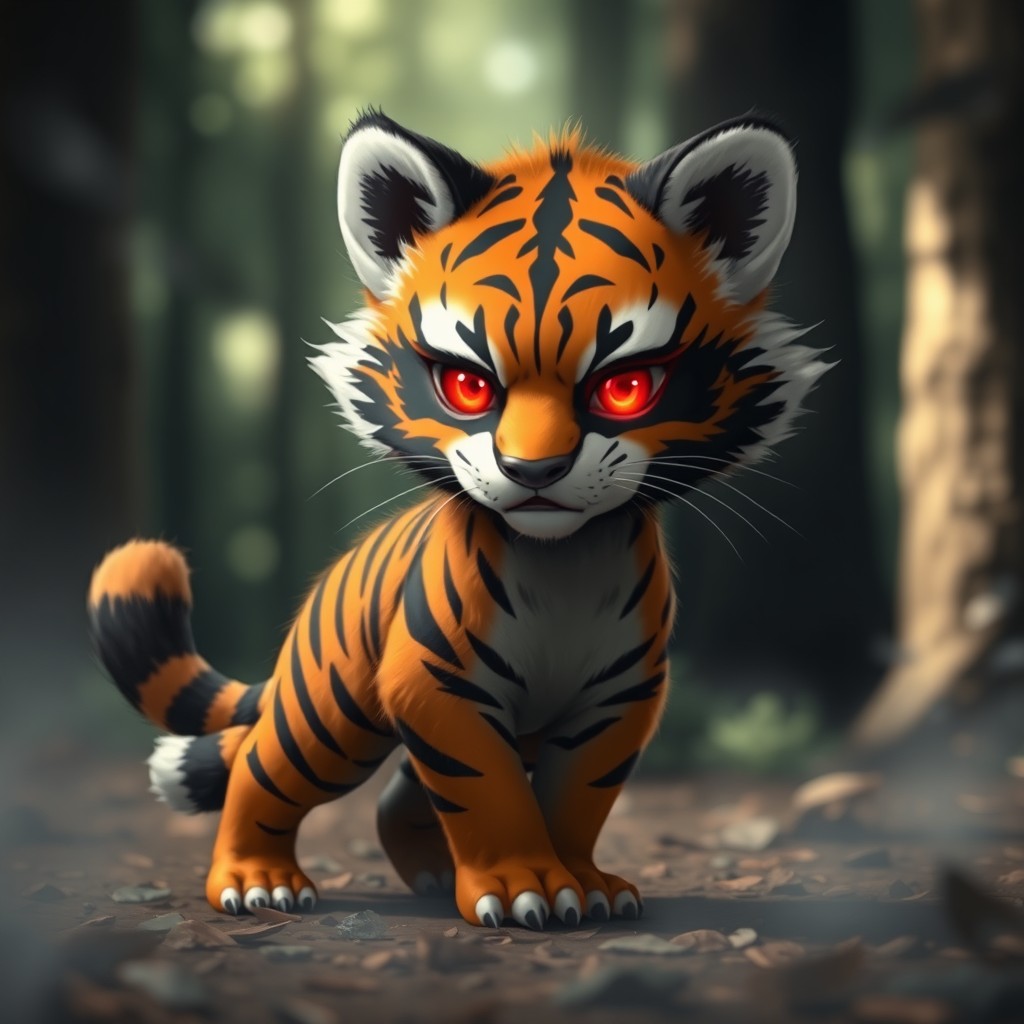 A fierce baby hybrid creature that combines the striking features of a tiger and a raccoon, presenting a captivating blend of wildness and charm