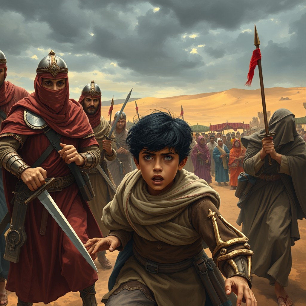 An intense scene depicting the soldiers of a caliph in ancient Arabic attire, vividly capturing the moment they seize a young Arab boy from a marketplace