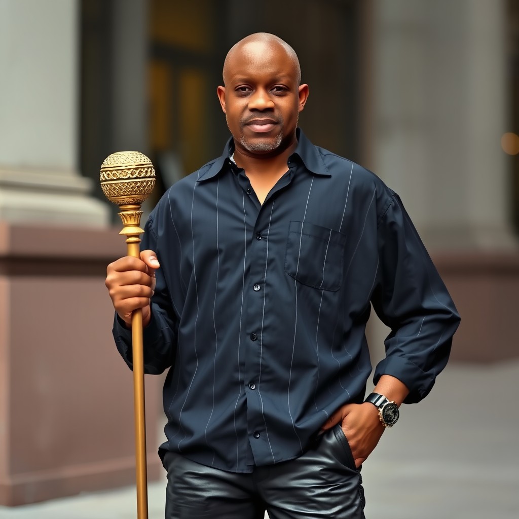 A small yet authoritative bald Creole boss with a bronzed complexion, showcasing a powerful presence