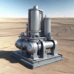 A realistic image of a centrifugal compressor as used in an oil drilling site. Surround it with drilling equipment, machinery, and the rough natural landscape of the oil field.