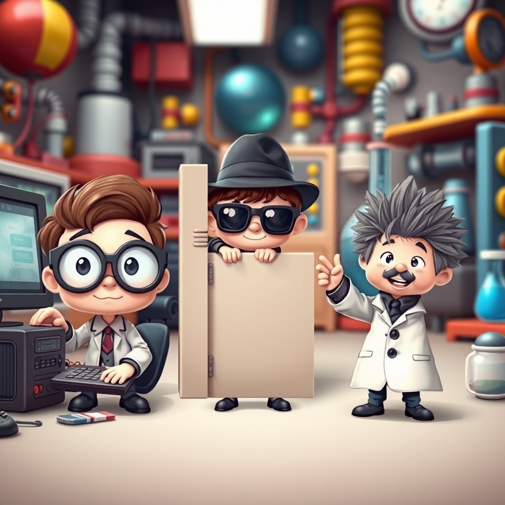A charming scene featuring three small characters: a little computer scientist, a tiny spy, and a small scientist, each with their unique traits