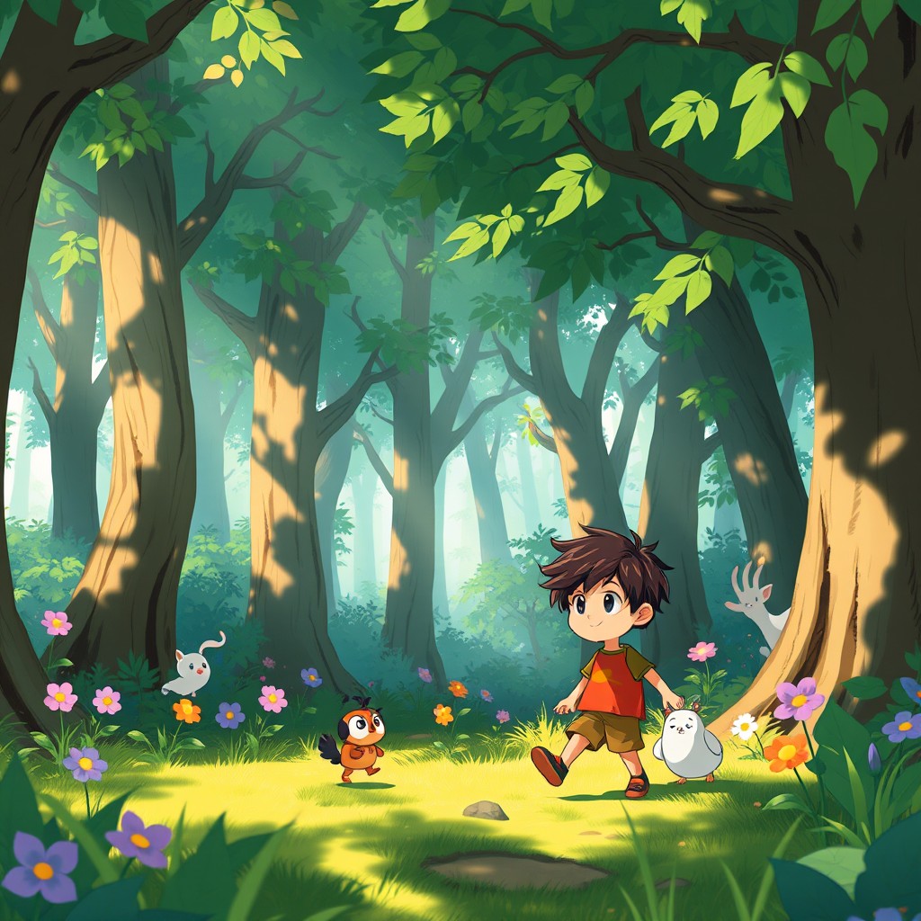 A whimsical animated scene featuring a young boy exploring a lush, vibrant forest filled with magical creatures and towering trees