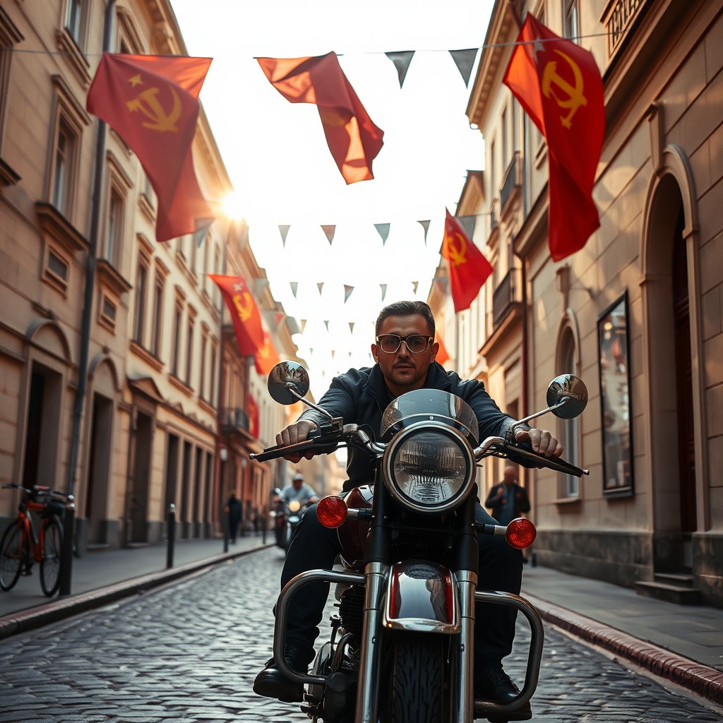 A nostalgic scene capturing Victory Day in Riga, Latvia, featuring a Soviet rider wearing oversized glasses riding a classic vintage motorcycle down a narrow, cobblestone street