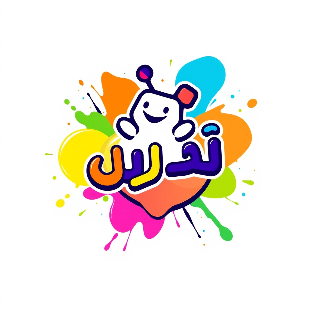 A creative and playful logo design for 'المصمم المشاكس', featuring vibrant colors and bold typography
