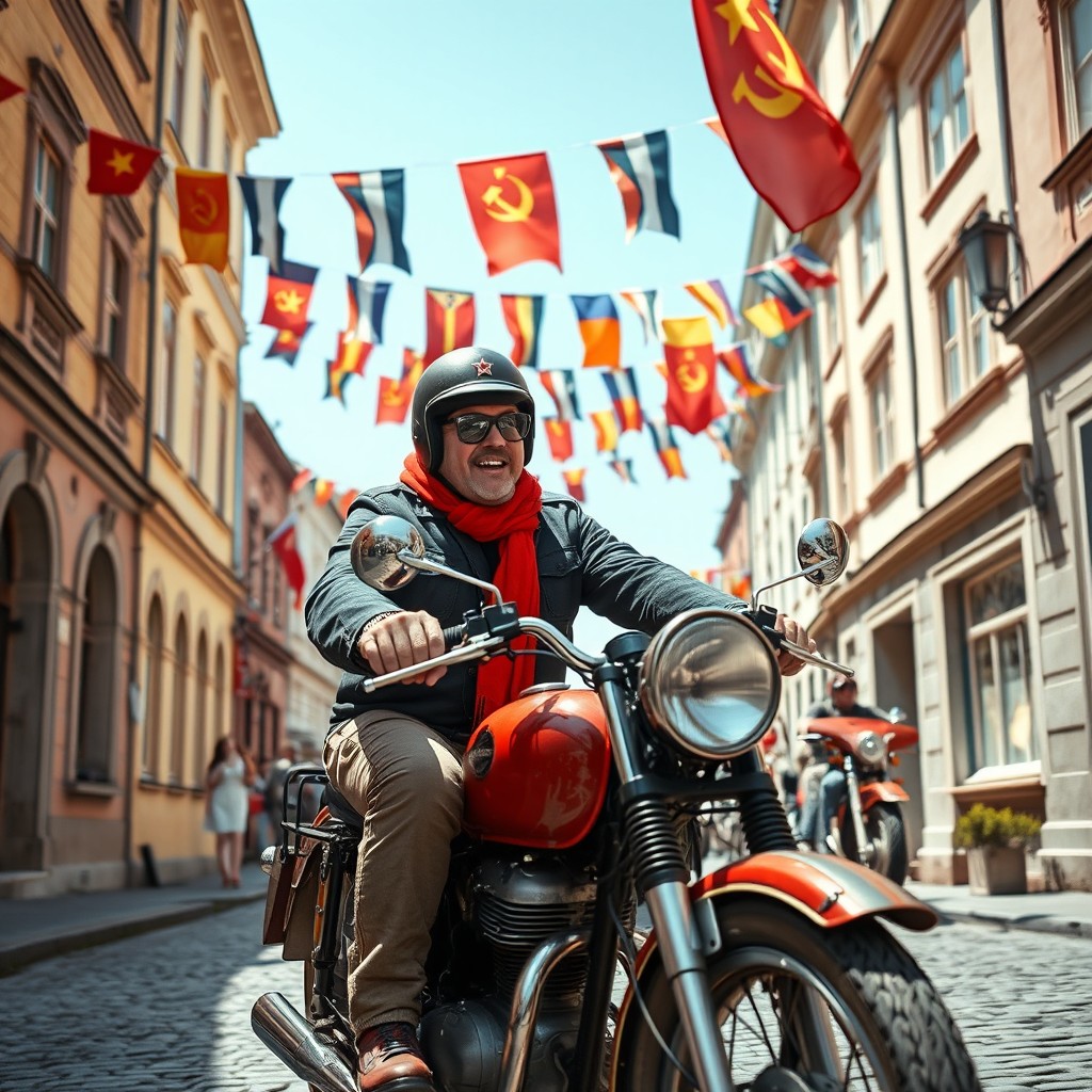A vibrant scene of the Victory Day celebration in Riga, Latvia, featuring a Soviet rider wearing large glasses riding an old classic motorcycle through a narrow cobblestone street