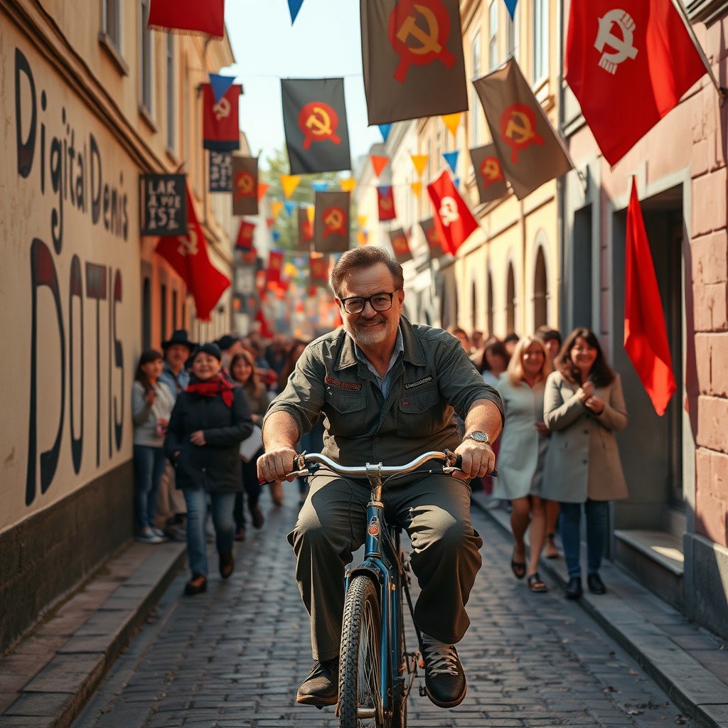 A vibrant scene in Riga, Latvia on Victory Day, featuring a Soviet workman wearing large glasses, riding a narrow old English classic mutt bike down a charming cobblestone street