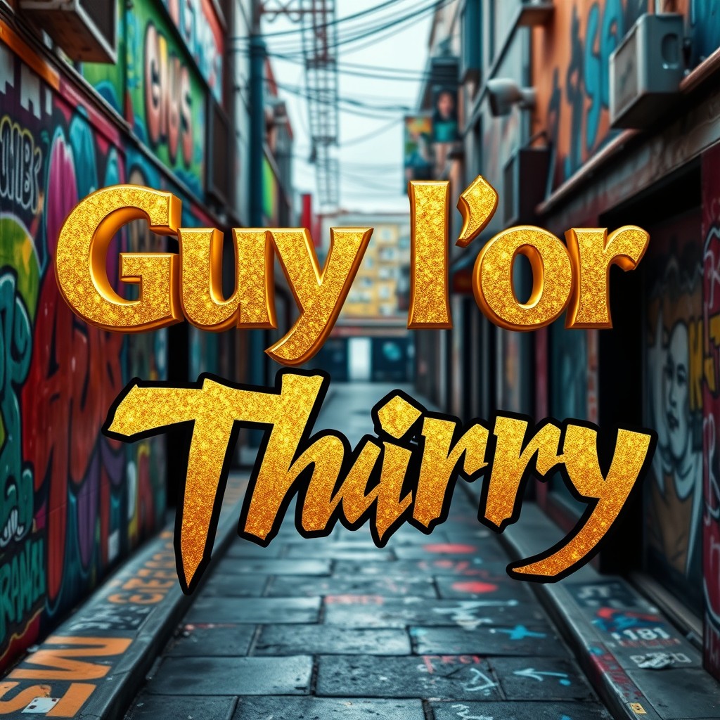 A striking artwork featuring two prominent text elements: 'Guy l'or' written in shimmering gold letters, exuding elegance and richness, while 'Thierry' is styled in bold, dynamic gangsta font with a graffiti-inspired design, reflecting street culture and attitude