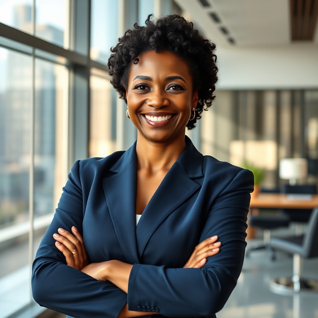 A realistic portrait of a confident, middle-aged African American businesswoman standing in a modern office environment